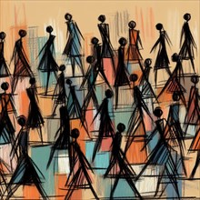 Colorful abstract of figures suggesting a busy, patterned crowd, AI generated