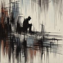 Abstract art of a dark figure among streaks in brown tones evoking loneliness, AI generated