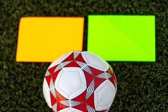 View of a soccer ball on the grass with two blank cards. Soccer ball on the grass with copy space