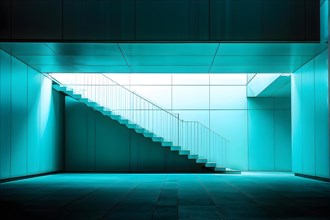 AI generated minimalist architectural shot of cyan walls intersecting around a modern stairway