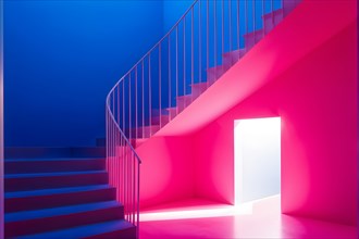 AI generated minimalist architectural shot of pink and blue walls intersecting around a modern