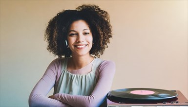 Smiling woman with curly hair leaning on a table with a retro record player, AI generated