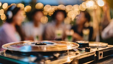 Top view of a turntable with vinyl record at a social gathering with bokeh lighting, AI generated