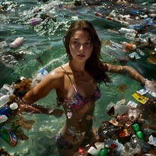 A woman swims in a sea of plastic waste, AI generated