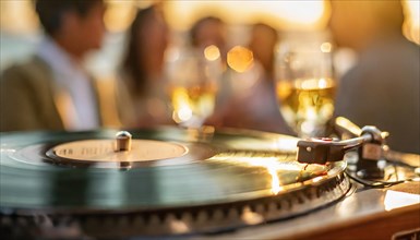 Close-up of a vinyl record playing on a turntable with a blurry social gathering in the background,