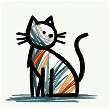 Simple and cute abstract sketch of a striped cat in black, grey, and orange, AI generated