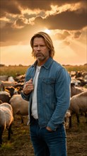 Man in denim jacket standing in front of sheep with a sunset background, AI generated