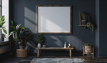 A blank image frame mockup on a deep charcoal gray wall AI generated