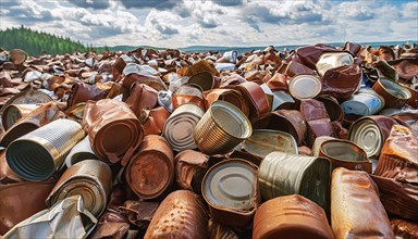 Symbol photo, many empty tin cans, partly crushed, rusty, dirty, lying in the landscape, AI