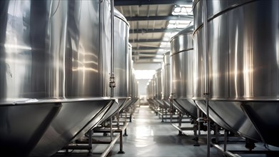 AI generated modern winery production line with stainless steel fermenting tanks