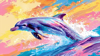 Pop art style illustration of a dolphin jumping with splashes in bright colors, AI generated