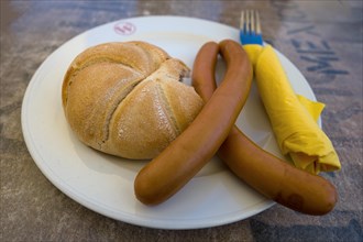 Vienna sausages with bread rolls on a plate, Bavaria, Germany, Europe