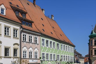 Pointed gable houses and dormers in Pfarrgasse, Kaufbeuern, Allgaeu, Swabia, Bavaria, Germany,