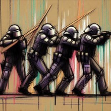 Dynamic abstract portrayal of armored soldiers marching with vibrant streaks of color, AI generated