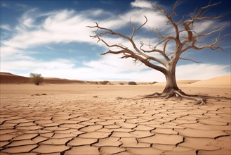 Drought climate change ecology solitude concept, dry dead tree in desert with a dry, cracked ground