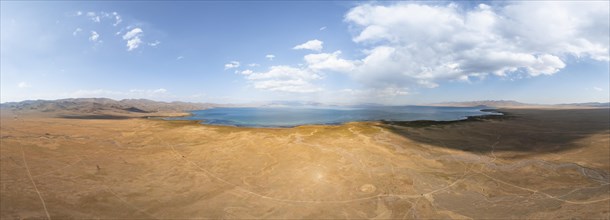 Aerial view, Vast empty landscape at the mountain lake Song Kul in autumn, Moldo Too Mountains,