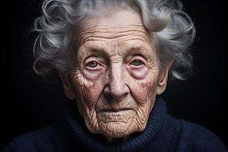 Very old wrinkled woman with sad eyes. KI generiert, generiert, AI generated