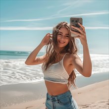 Smiling young woman taking a selfie on the beach in nice weather, AI generated