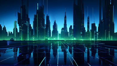 AI generated illustration of a cityscape with skyscrapers and holographic elements in blue and