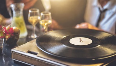 Vintage look of a turntable with a vinyl record and wine glasses on a table, AI generated