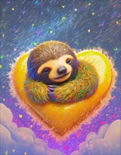 Vibrant illustration of a cute sloth relaxing on a heart-shaped pillow surrounded by dreamy clouds