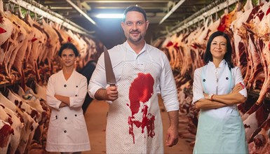 Professional butchers smiling in a meat locker with hanging carcasses and a cleaver, AI generated