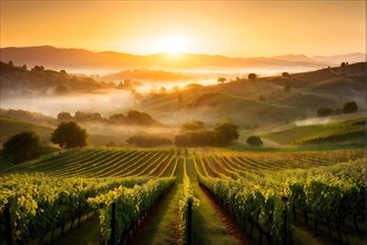 AI generated sunrise over a lush vineyard during summer with harvest dew kissed grapes glistening