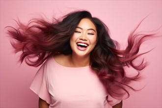 Smiling Asian plus size woman with long pink and black ombre hair. KI generiert, generiert, AI