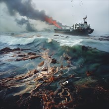 A damaged ship leaks oil in rough seas, smoke rises, oil spill, environmental disaster, AI