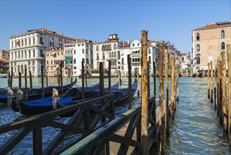 Mooring poles and gondolas on Grand Canal with Renaissance architectural style residential palace
