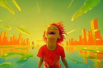 Joyful child laughing with a vibrant cityscape and sunset reflection in the background, 3D,