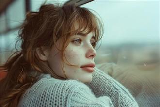 Young woman in a sweater daydreaming by a window with soft natural light, AI generated