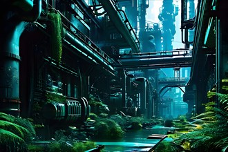 AI generated industrial futuristic landscape merging with ecopunk aesthetics in green colors