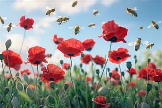 Honeybees swarm flying above a red poppy field, AI generated