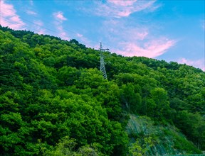 Electrical tower on side of mountain covered with lush green foliage under a blue sky with a few