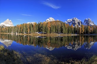 A panoramic picture of a mountain lake, surrounded by forests in autumn dress with a clear