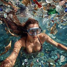 Woman dives downwards under water amidst plastic waste, AI generated