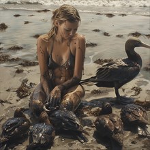 A thoughtful girl is surrounded by oil-smeared Pelicans on the beach, which she looks after, AI