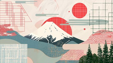 A peaceful backdrop with the impressive Mount Fuji in the distance, framed by geometric designs and