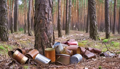 Symbolic photo, a forest of thick tree trunks, many rusty tin cans on the ground, waste,