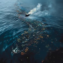 A half-sunken ship leaving a dark oil slick in the ocean reflects an environmental catastrophe, oil
