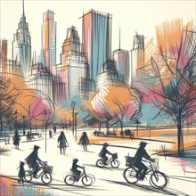 Colorful abstract cityscape sketch with riders on bicycles and tall buildings, AI generated