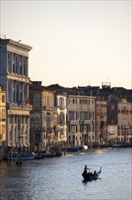 View over the Grand Canal with gondoliers in the evening light, from the Rialto Bridge, Venice,