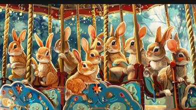 A festive carousel with whimsical rabbits enjoying a snow-covered merry-go-round, AI generated