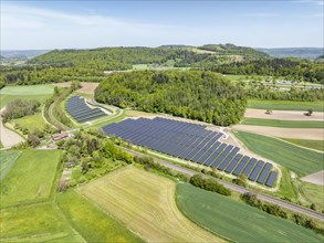 Aerial photo, solar modules, solar park, photovoltaics, power generation from solar energy in