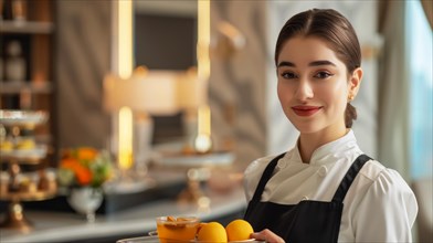 A professional waitress in an apron serving orange juice in a luxurious hotel environment, AI