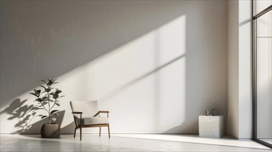 Sleek minimalist interior with stylish chair and plant, sunlight creating dramatic shadows, AI