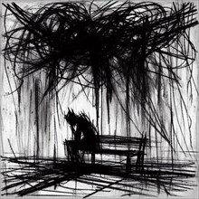 Abstract chaotic scribble art in black and white conveying a dark, ominous atmosphere, AI generated