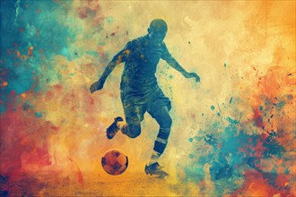 A soccer player dribbles and kicks a soccer ball. Abstract vintage grungy poster style with muted