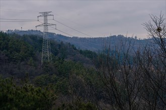 Winter landscape of electrical power line tower surrounded by trees on side of mountain under